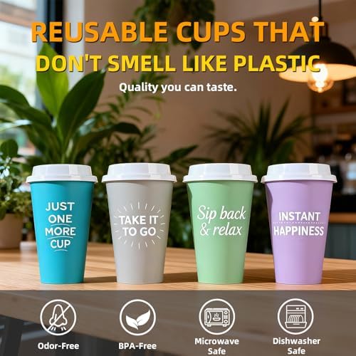 Plastic Reusable Coffee Cups with Lids, 4 Pack - Image 4