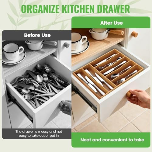 Bamboo Silverware Organizer, 12 Inch Bamboo Kitchen Drawer Cutlery Organizer, Utensil Holder, Flatware Organizer Tray (15.8"x11.9"x1.6") - Image 4