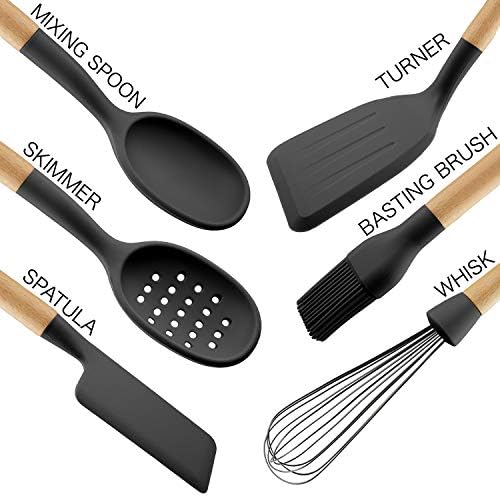 Country Kitchen Non Stick Silicone Utensil Set with Rounded Wood Handles for Cooking and Baking, 6 Piece Set, Black - Image 2