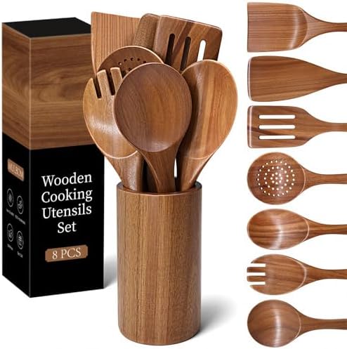 Wooden Cooking Utensils Set with Holder, 8 Pcs Teak Wood Kitchen Utensils by MULBOM