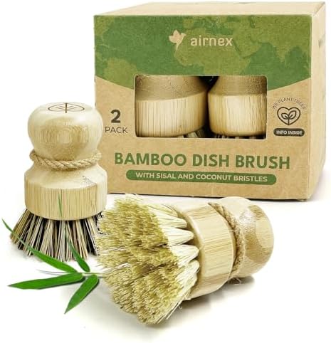 AIRNEX Bamboo Dish Brush Set of 2 - Natural Wooden Dish Scrubber with Sisal & Coconut Bristles - Plastic Free Kitchen Scrub Brush for Dishes, Sink, Pots & Pans - Non Scratch Kitchen Dish Brush by Airnex
