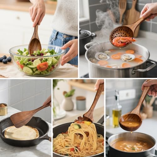 10 Pcs Teak Wooden Utensil Set, Wooden Spoons & Spatula for Cooking - Image 4
