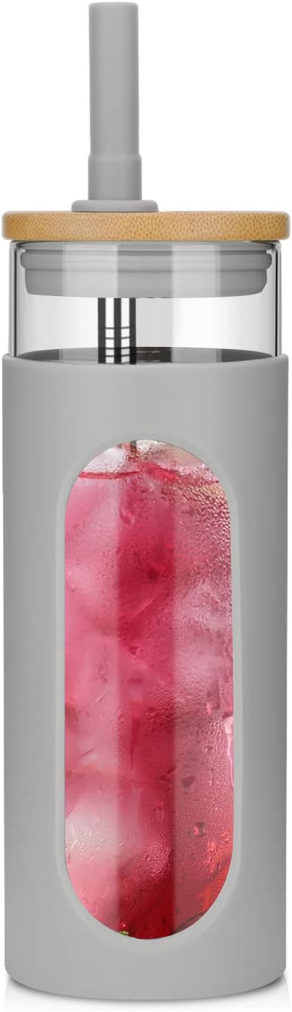 Tronco 22oz Glass Tumbler with Bamboo Lid and Straw, Glass Cup For Boba,Iced Coffee,Smoothie, Spill Proof Glass Water Bottle With Silicone Protective Sleeve, Dishwasher Safe,BPA Free