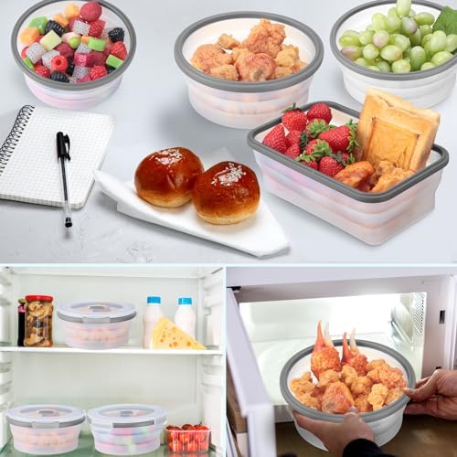 Dandat 12 Silicone Collapsible Food Storage Containers Foldable Silicone Lunch Container 6 Rectangle and 6 Round Airtight Collapsible Bowl with Lid Set for Kitchen Microwave (Translucence Gray) - Image 4