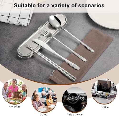 INKULEER Travel Cutlery Set - 18/8 Stainless Steel Reusable Utensils with Metal Case, Portable Silverware for Camping, Office, Travel & Outdoor Dining - Image 6