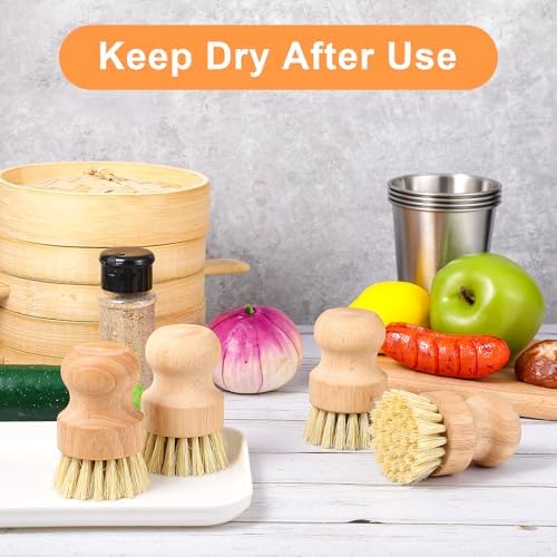 cobee 12Pcs Bamboo Dish Scrub Brushes, Kitchen Dishwashing Scrubber with Natural Sisal Bristles Round Wooden Dish Scrubber Brush for Iron Pot Pan Food Kitchen Sink Fruit Vegetable Wash - Image 7