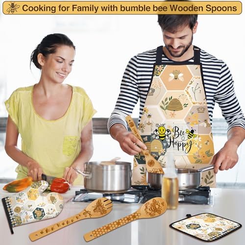 Bee Gifts for Women,8pcs Kitchen Utensils Set with Apron Oven Mitt Pot Holder - Unique Bee Bamboo Wooden Cooking Spoons Set,House Warming,Easter,Birthday - Image 2