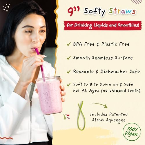 Softy Straws Wide Premium Reusable Silicone Drinking Straws + Patented Straw Squeegee - 9” Long With Curved Bend for 20 30 32 oz Tumblers Non Rubber, Flexible, Safe for Kids/Toddlers, Smoothie - Image 2