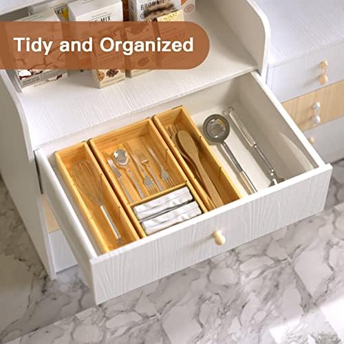 DUJEN Bamboo Drawer Organizer 12.5'' X 12.5'' X 2'', Adjustable 3 Individual Junk Drawer organizer for Bathroom and Kitchen, Wood Drawer Tea Organier Boxes for Silverware, Make up and Tea Bag - Image 5