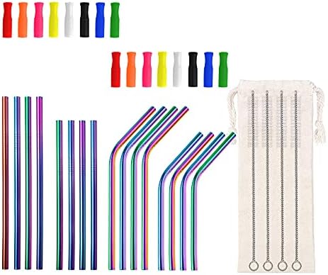 Lazycorner 16 Pcs Short Metal Straw, 6mm 5.5" 6.5" Kids Reusable Straw Silicone Tips Cleaner, Mini Small Stainless Steel Straws Fit 8 10 12 oz Tumbler/Wine Tumblers, Reusable Cocktail Straws(Rainbow) by Lazycorner