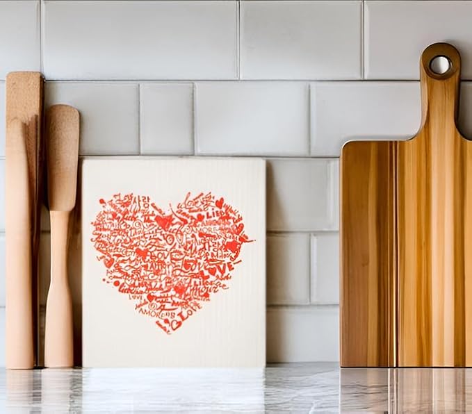 Swedish Dishcloths 2 Pack Red Langusges of Love Heart Print Reusable Sponges Kitchen Cleaning Cloth Dish Scrubber, Machine Washable, Measures 7.87”x6.88 inches.