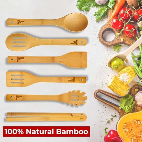 Bamboo Kitchen Utensil Set, 7-Pieces Natural Cooking Utensils for Nonstick Cookware, Eco-Friendly Wooden Spoons and Spatulas for Cooking - Image 6