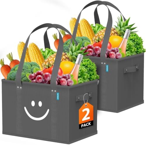 Reusable Grocery Bags 2 PCS, Sturdy Handles & Bottom to Stands Upright by WiseLife