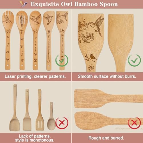 Hummingbird Kitchen Decor Bamboo Wooden Spoons With Utensil Holder-Hummingbird Kitchen Accessories for Cooking-Home Decorations Gifts for Women-Housewarming,Birthday,Easter,Mothers Day Gift（6PCS) - Image 3