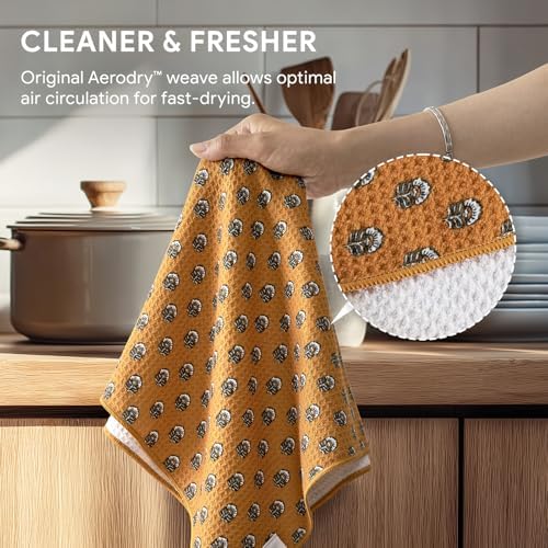 RECYCO Waffle Kitchen Towel Set of 2 - Quick Dry Microfiber Sustainable Dish Towels - Ultra Absorbent Reusable Cleaning Tea Towels - Lightweight Hand Towels,16”x 28”, Amber Flora - Image 4