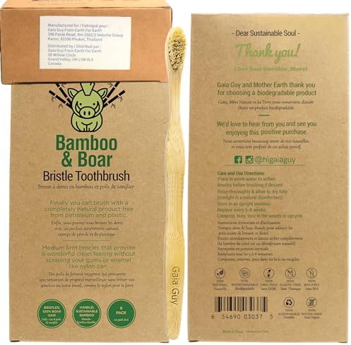Gaia Guy Natural Bristle Bamboo Toothbrush with Boar Bristles - Totally Biodegradable and Compostable - No Nylon Toothbrushes - Zero Waste 12-Pack - Image 4