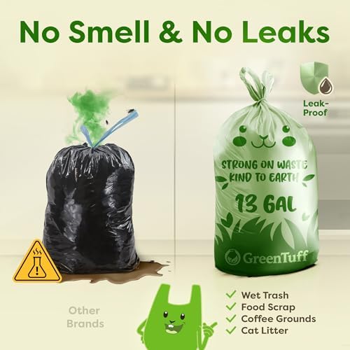 13 Gallon Compostable Trash Bags (40 Count) — Leakproof Plant-based Thick (1.1 Mil) Tall Kitchen Garbage Bags — ASTM D6400 BPI Certified — Heavy-Duty Large Food Scrap Liner Bag with Handle-Tie - Image 5