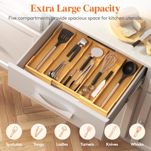 Lifewit Bamboo Utensil Organizer for Kitchen Drawer, Cooking Utensil Tray - Image 5