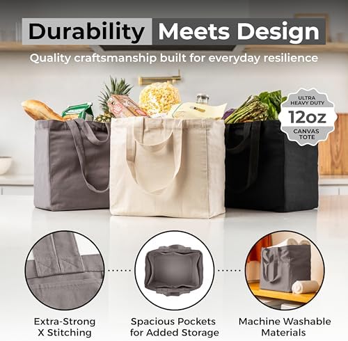 VeraMia Canvas Grocery Bag 3pc XL Set with Real Pockets, Long Shoulder Strap and Short Handle. Heavy Duty, Foldable, Washable - Image 3