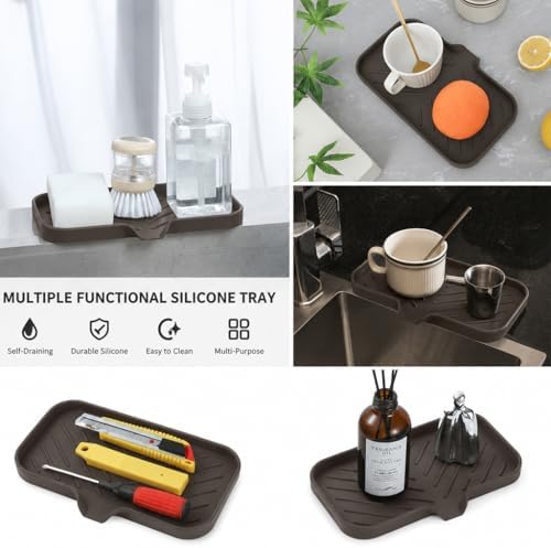 MicoYang Silicone Soap Dish with Drain Spout — Self-Draining Sink Organizer Tray for Bathroom & Kitchen, Sponges, Dispensers & Soap Holder, Non-Slip & Dishwasher Safe, Coffee (Medium, 9.6"×5.3") - Image 3