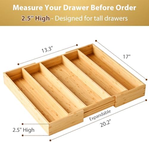 Umilife Expandable Kitchen Drawer Organizer, 2.5" High Bamboo Utensils Silverware Tray, Adjustable Large Deep Wood Organization Holder - Image 2