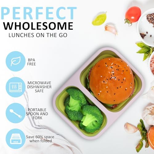 2 Pack Collapsible Silicone Lunch Box Set, 2 Compartments Bento Boxes with Lids, Food Storage Containers for Meal Prep, Office, Travel, Camping, BPA Free(Blue+Green) - Image 2