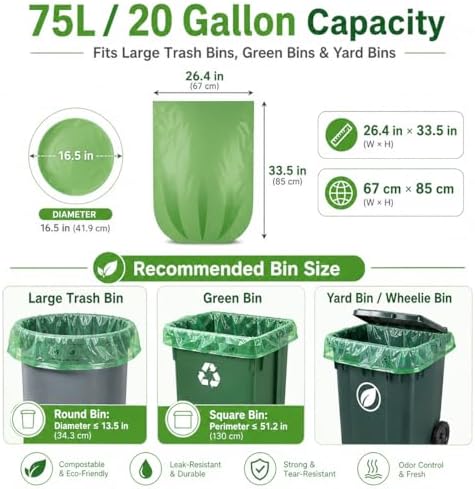 20 Gallon Compostable Trash Bags- 75L Compostable Organic Garbage Bags 100 Count,Large Biodegradable Bags for Household/Garden/Kitchen - Image 2