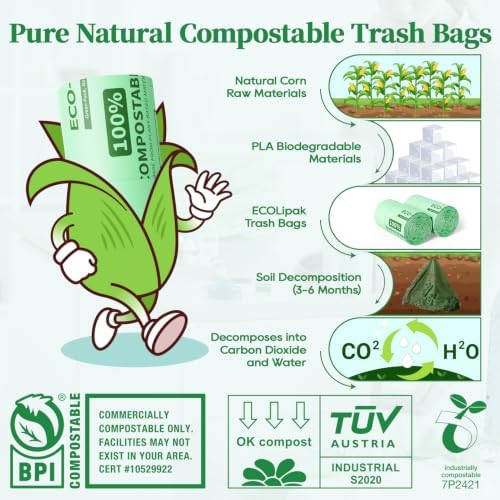 ECOLipak 13 Gallon 100 Count Compostable Kitchen Trash Bags with Handles - Image 3