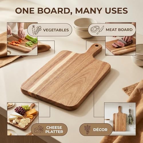 ZeQi Premium Acacia Wood Cutting Board Gift Set, Perfect Housewarming Gift, Wooden Serving Board with Handle, Kitchen Decor, Decorative Cutting Board - Image 4