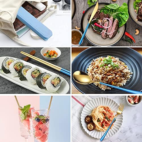 AARAINBOW 6 Pieces 18/8 Stainless Steel Flatware Set Portable Reusable Cutlery Set Travel Utensils Set Including Chopsticks Knife Fork Spoon Straws Cleaning Brush Dishwasher Safe (Blue golden) - Image 3