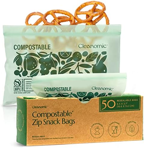 Cleanomic Compostable* Snack Size Food Storage Bags (50 Eco Zip) Freezer and Leak Proof, Also Available Gallon, Quart and Sandwich Size Bags by Cleanomic