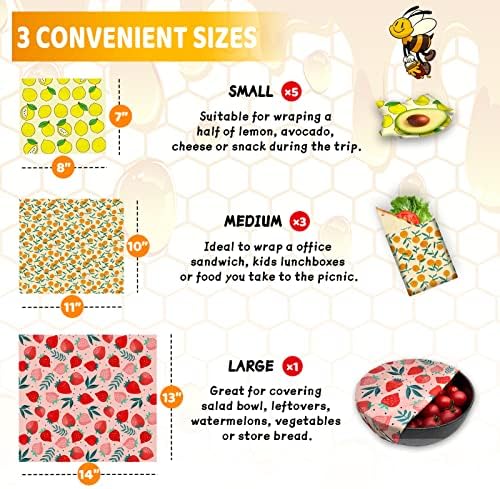 Reusable Beeswax Wrap - 9 Pack Eco-Friendly Beeswax Wraps For Food, Organic, Sustainable, Biodegradable, Zero Waste, Plastic-Free Food Storage, 1L Strawberry, 3M Orange, 5S Lemon Patterns - Image 3