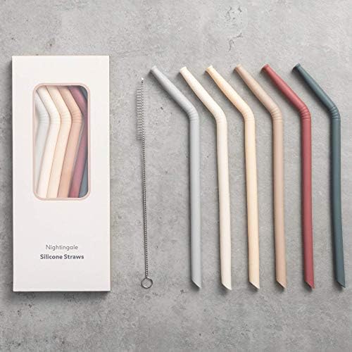 Nightingale Reusable Silicone Straws - Bendy Drinking Straw with Cleaning Brush - Collapsible and Bendable Travel Straw for Kids - Dishwasher Safe, Food-Safe - Set of 6 (Oak Multi) by Nightingale