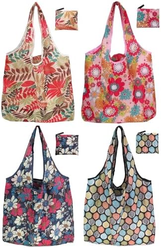 Cute Reusable Grocery Bags, 4 Pack (50Lbs Capacity) - Foldable & Washable Market Totes, Bulk Cloth Bags for Shopping, Travel, Storage, or as Reusable Gift Bags for Women by NewOpportunityInLivingKindly