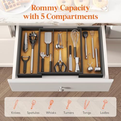 Lifewit Bamboo Utensil Organizer for Kitchen Drawer, Cooking Utensil Tray - Image 3