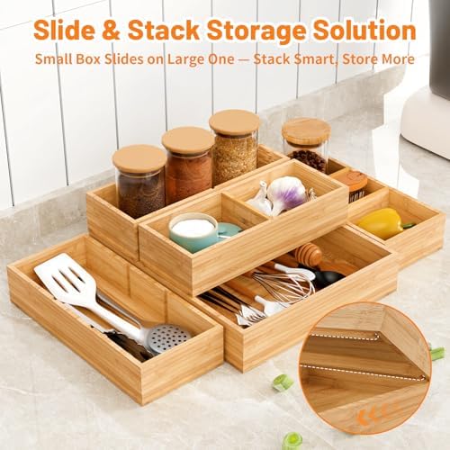 Bamboo Drawer Organizer, 10-Piece Stackable Trays with Removable Dividers - Image 4