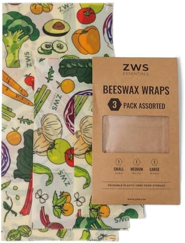 Beeswax Wraps, Reusable Cotton Food Storage Set for Kitchen, Lunch, Bread, Snacks, Bowls. Eco-Friendly Plastic-Free Alternative. 3-Pack Assorted - Veggies by Zero Waste Store by ZWSEssentials