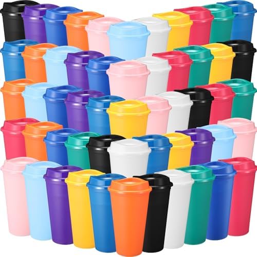 Honeydak 66 Pack 16 oz Reusable Coffee Cups with Lids Water Bottle Iced Coffee Travel Mug Portable Plastic Tea Tumblers Bulk for Hot and Cold Drinks Birthdays Party (Solid Color,Classic) by Honeydak