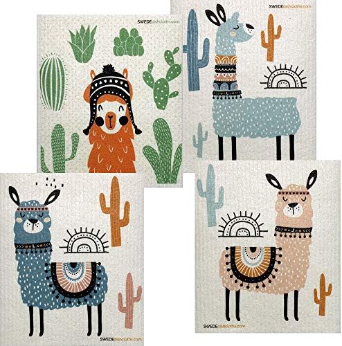 SWEDEdishcloths - Cellulose Sponge Dish Towels - Mixed Set of 4 (One of Each Design) Llama Swedish Dish Cloths by SWEDEdishcloths