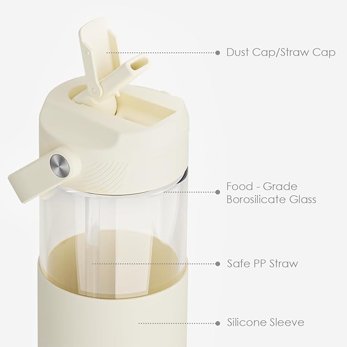 Glass Water Bottle with Silicone Sleeve and Straw Lid 20oz for Girls Women, Glass Drinking Bottles for Travel Home Gym Sports (Ivory Cream)