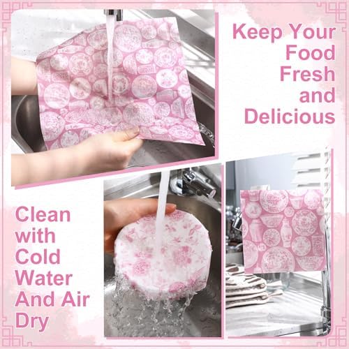 Tigeen 9 Pack Reusable Beeswax Wrap for Food Chinoiserie Beeswax Paper for Sourdough Bread Cheese Paper Wrapping Wax Cloth Food Wraps Bread Sandwich Wrapper 1 XL 3 Medium 5 S(Pink,Chinoiserie) - Image 6