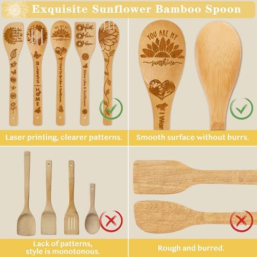 6 PCS Sunflower Wooden Spoons Set for Kitchen Decor,Sunflower Gift with Utensil Holder for Women Cooking,Sun Flower Stuff for Home Decorations,Girasol Theme Gift Ideas for Housewarming,Mothers Day - Image 3