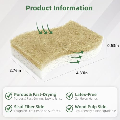 Kitchen Cleaning Sponges, Natural Cellulose Dish Sponge with Coconut Fiber Scrubber for Dishes, Pots and Pans, Eco Friendly Household Cleaning Sponge, 12 Pack - Image 2