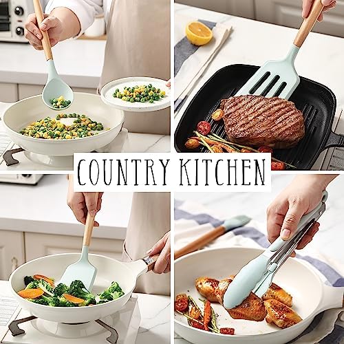 Country Kitchen Non Stick Silicone Utensil Set with Rounded Wood Handles for Cooking and Baking, 38 Piece Set, Mint - Image 6