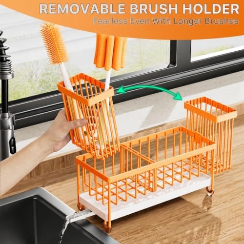 Cisily Sponge Holder for Kitchen Sink, Sink Caddy Organizer with High Brush Holder, Kitchen Countertop Organizers and Storage Essentials (Orange, 9.25″) - Image 2