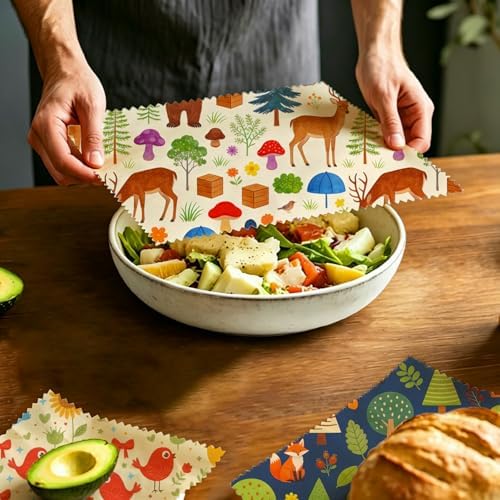 LENARKU Reusable Beeswax Wrap, Forest Animals Wraps, 9 Pack Eco-Friendly Food Storage, Organic Cotton, Sustainable, Zero Waste, Plastic-Free, Sandwich & Snack Covers, 1XL, 3M, 5S - Image 5