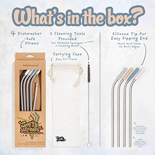 Softy Straws Premium Reusable Stainless Steel Drinking Straws With Silicone Tips + Patented Straw Cleaners and Carrying Case - 9” Long Metal With Curved Bend for 20/30/32oz Tumblers - Natural Colors - Image 2