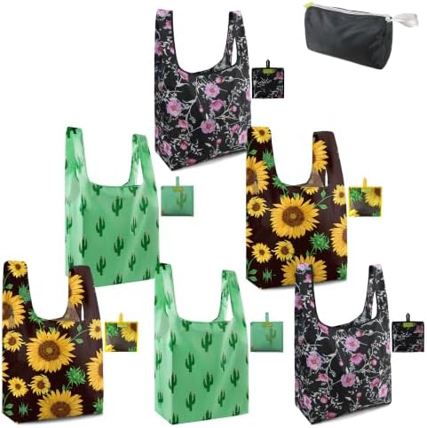 BeeGreen Floral Reusable Grocery Bags Bulk 6 Packs X-Large50LBS, Reusable Shopping Bags Foldable for Groceries, Vegetables, Fruits Bulk Tote Bags Washable For Women Men by BeeGreen
