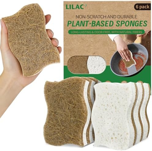 LILAC Natural Cellulose Sponges for Dishes - Ergonomic Non-Scratch Kitchen Scrub Sponges - 100% Biodegradable & Eco-Friendly Cleaning Sponges for Non-Stick Cookware, Bathroom & Household (6 Pack) by LILAC