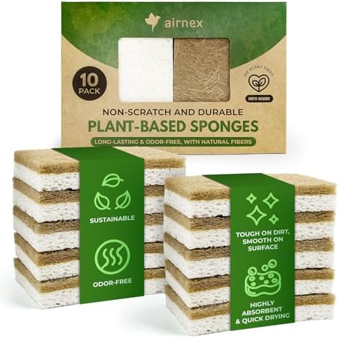 10 Pack Biodegradable Natural Kitchen Sponge - Compostable Cellulose and Coconut Walnut Scrubber Sponge - Eco Friendly Sponges for Dishes by Airnex